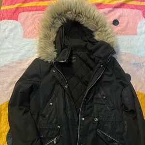 Zara Women Black Puffer Jacket with Faux Fur Hood
